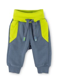 Graue Jogginghosen mit einem lebhaft grünen Gummi-Bund und Taschen. Verfügt über gerippte Bündchen und eine Kordelzug für eine verstellbare Passform.