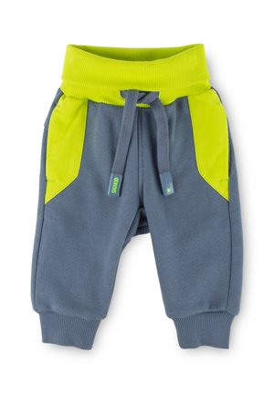 Gray sweatpants with a vibrant green elastic waistband and pockets. Features ribbed cuffs and a drawstring for adjustable fit.
