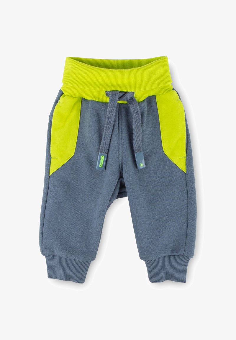 Graue Jogginghosen mit einem lebhaft grünen Gummi-Bund und Taschen. Verfügt über gerippte Bündchen und eine Kordelzug für eine verstellbare Passform.