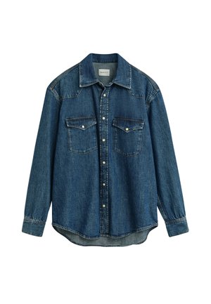 Denim shirt in dark blue with a button-down front, two chest pockets, and long sleeves. Features western-style yoke design and silver hardware.