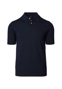 Granatowa koszulka polo z krótkim rękawem, wykonana z gładkiego materiału, z klasycznym kołnierzykiem, trzema guzikami i ściągaczem u dołu.