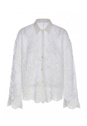 Weiße Bluse mit langen Ärmeln zum Knöpfen, mit Blumenstickerei und gewellten Spitzenrändern an Bündchen und Saum.