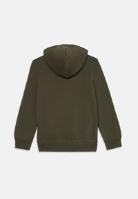 Hoodie vert olive, fabriqué en tissu doux. Comprend une capuche avec cordon de serrage, des manches longues et des poignets et un ourlet côtelés. Design minimaliste.