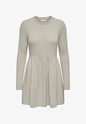 Hellgraues Strickkleid mit langen Ärmeln, Kabelmuster an der Oberseite und ausgestelltem Rock. Verfügt über einen runden Halsausschnitt und eine weiche Textur.