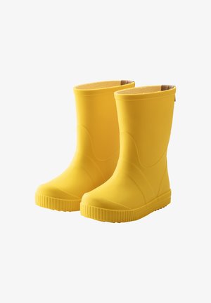 Yellow rubber rain boots with a smooth texture, rounded toe, and a flexible shaft. Features a ribbed sole for traction.