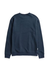 Donkerblauwe sweatshirt met een ronde halslijn, lange mouwen en ribgebreide boorden. Zachte textuur; geen zichtbare patronen of versieringen.