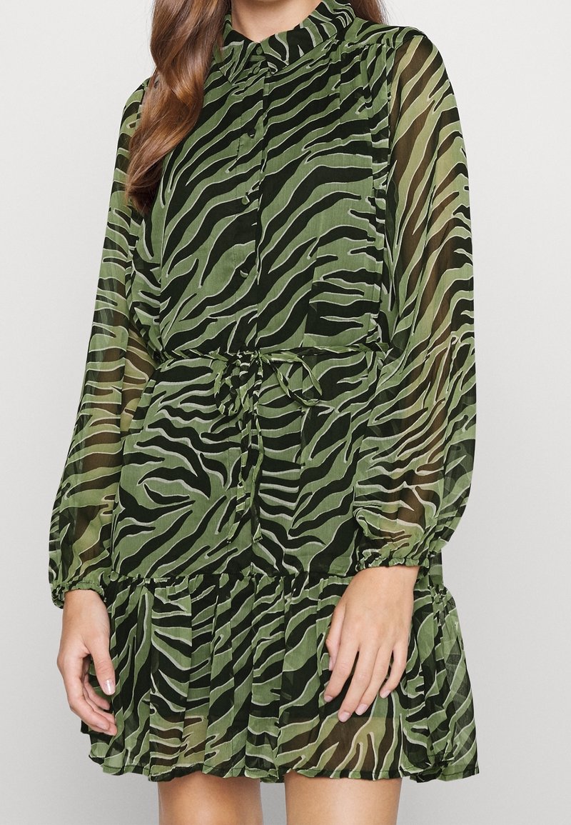 Robe transparente verte à rayures noires de tigre, manches longues, col montant et taille ceinturée. Comprend une jupe plissée et un devant à boutons.