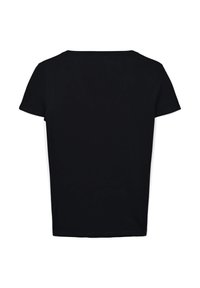 T-shirt nera a maniche corte con scollatura rotonda, realizzata in tessuto morbido. Il retro presenta un design semplice e privo di decorazioni con un taglio dritto.