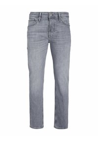Jean en denim gris avec une coupe droite, design à cinq poches, et une fermeture classique à bouton et fermeture éclair. Texture légèrement délavée sur l'ensemble.