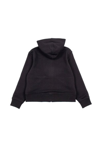 Felpa nera con cappuccio rotondo, maniche lunghe e orlo a costine. Il materiale sembra morbido con una texture liscia. Nessun motivo o decorazione visibile.