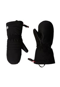 Μαύρα μονωμένα γάντια με αδιάβροχη εξωτερική επιφάνεια, δερμάτινες παλάμες, ελαστικές μανσέτες και κόκκινες λεπτομέρειες για ρύθμιση.