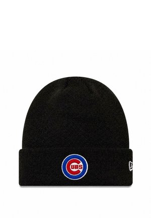 Black knit beanie hat with a folded cuff featuring a circular red, white, and blue Cubs logo on the front.