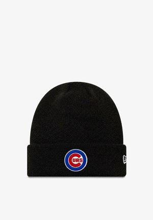 Black knit beanie hat with a folded cuff featuring a circular red, white, and blue Cubs logo on the front.