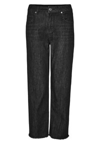 Černé džínové kalhoty se rovnými nohavicemi, předním knoflíkem, kapsami a odřeným lemem u kotníků na bílém pozadí.