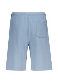 Shorts en coton bleu clair avec une taille élastique et une seule poche arrière, présentant une coupe droite et une texture lisse.