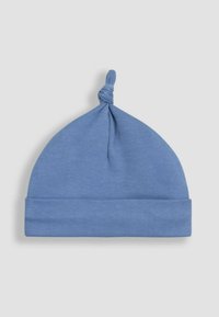 Blauwe katoenen babyhoed met een afgeronde bovenkant en knoopdetail. Bevat een opgerolde rand voor een snug fit. Zachte textuur, geschikt voor zuigelingen.