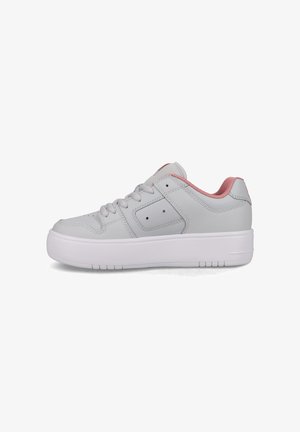 Gray sneakers with a smooth leather upper and a pink textile accent at the heel, featuring a chunky white sole and classic lace-up design.
