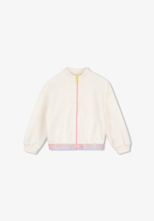 Hvid ribbet jakke med lange ærmer, lyserød lynlås og elastisk taljebånd med teksten "Billieblush" i pastelfarver.