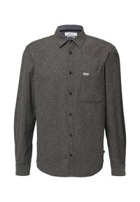 Heren overhemd met lange mouwen in donkergrijs tweed, met een button-down kraag, een borstzak en zwarte knopen.