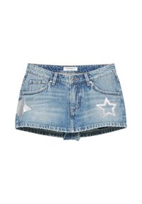 Mini-jupe en denim bleu avec des patchs étoiles argentées, petits clous décoratifs, bouton à l'avant, fermeture éclair et passants de ceinture.