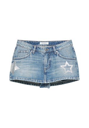 PULL&BEAR, STAR PRINT WITH STUDS DENIM - MINI SKIRT - Jupe en jean - blue denim