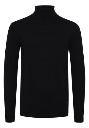 Zwarte coltrui, lange mouwen, geribde kraag en zoom, gemaakt van glad gebreid materiaal, voorzien van een subtiel logo aan de onderzijde.