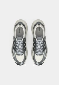 Et par grå og hvide Adidas Adizero løbesko set oppefra på en simpel hvid baggrund.