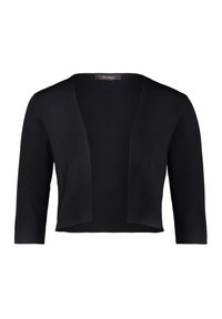 Black cropped cardigan made of smooth knit fabric. Features open front, three-quarter sleeves, and a relaxed silhouette. Plain design with no patterns.
