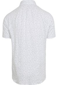Kurzarmhemd aus weißem Stoff mit einem kleinen, marineblauen Blumendruck. Verfügt über einen klassischen Kragen und einen abgerundeten Saum. Die Rückseite hat zwei seitliche Falten.