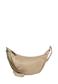 Borsa a spalla in pelle beige con una forma curvata, superficie testurizzata, tracolla regolabile e una finitura liscia. Presenta dettagli hardware iconici.