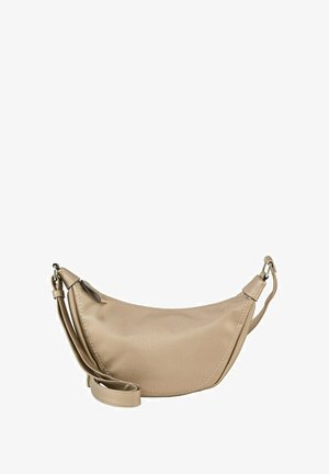 Borsa a spalla in pelle beige con una forma curvata, superficie testurizzata, tracolla regolabile e una finitura liscia. Presenta dettagli hardware iconici.