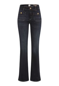 Dunkelblaue, ausgestellte Jeans aus Denim mit hoher Taille, zwei vorderen Taschen, goldfarbenen Beschlägen und Kontrastnähten.