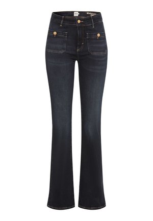Dunkelblaue, ausgestellte Jeans aus Denim mit hoher Taille, zwei vorderen Taschen, goldfarbenen Beschlägen und Kontrastnähten.