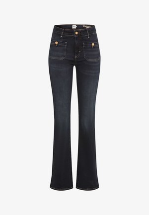 Dunkelblaue, ausgestellte Jeans aus Denim mit hoher Taille, zwei vorderen Taschen, goldfarbenen Beschlägen und Kontrastnähten.