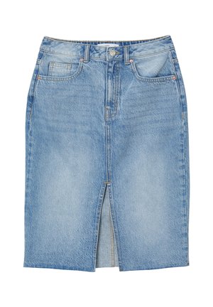 Hellblaue Denim-Rock bis zum Knie mit vorderem Schlitz, Gürtelschlaufen, Knopfverschluss und normalen Fronttaschen.