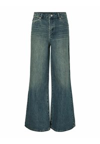 Džíny s širokými nohavicemi ve vybledlé modré denim. Vysoký pas s předními kapsami a zapínáním na knoflík. Ošuntělá textura s jemně vybledlými detaily.