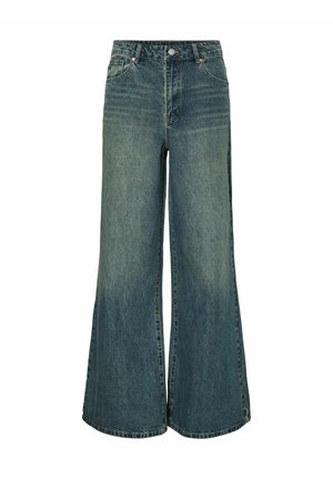 Wijde jeans in vervaagd blauw denim. Hoge taille met voorzakken en een knoopsluiting. Versleten textuur met subtiele vervagingselementen.