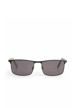 Black rectangular sunglasses with dark tinted lenses and thin metal frames on a white background.