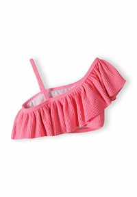 Top bikini rosa a spalla unica con tessuto testurizzato, bordo arricciato e spallina regolabile. Rivestimento interno per il comfort.