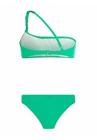 Zeleni bikini set s teksturiranim materijalom. Gornji dio ima podesivu naramenicu i kopčanje; donji dio ima jednostavan, minimalistički dizajn.