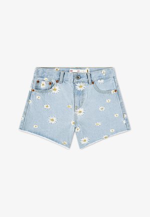 Világos kék farmer rövidnadrág, fehér margaréta hímzéssel díszítve. Kopott hatású szegély, öt zseb és barna gombos záródás. Klasszikus szabás.