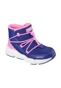 Wasserdichte Stiefel mit einem blauen und rosa Design. Sie verfügen über ein strukturiertes Obermaterial, elastische Schnürsenkel und einen gepolsterten Schaft für zusätzlichen Komfort.