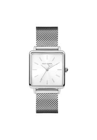 Quadratischer Silberner Uhr mit einem weißen Ziffernblatt und minimalistischen Stundenmarkierungen. Verfügt über ein silbernes Mesh-Armband und ein schlankes Profil für einen eleganten Look.