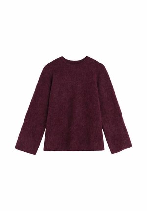 Burgundy sweater with a soft, fuzzy texture, round neck, and long sleeves, featuring a loose fit and straight hemline.