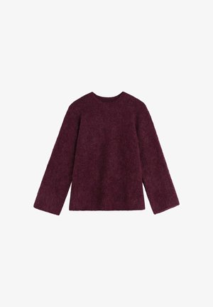 Burgundy sweater with a soft, fuzzy texture, round neck, and long sleeves, featuring a loose fit and straight hemline.