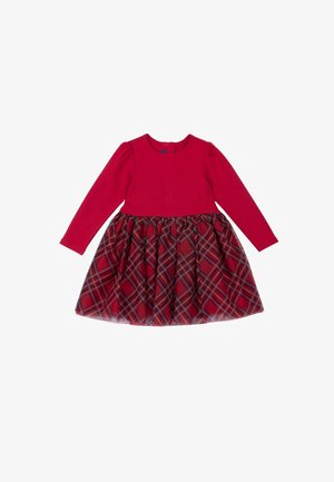 Robe longue à manches longues pour tout-petit, avec corsage uni rouge et jupe en tulle rouge à carreaux, rayures diagonales et taille froncée.