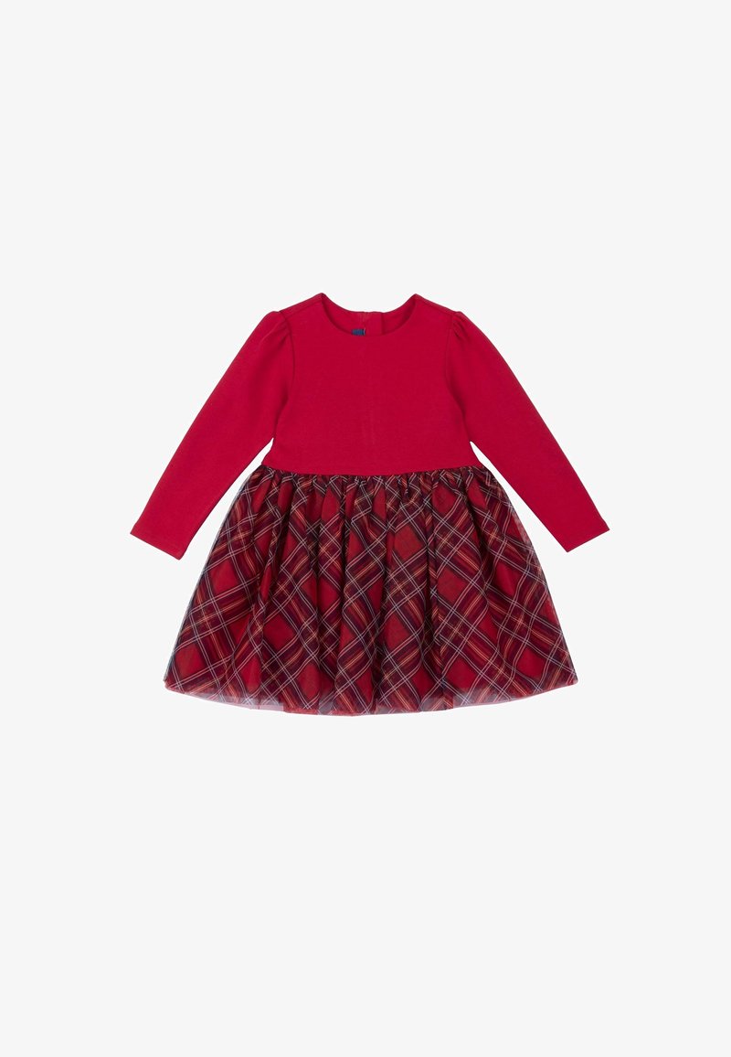 Robe longue à manches longues pour tout-petit, avec corsage uni rouge et jupe en tulle rouge à carreaux, rayures diagonales et taille froncée.