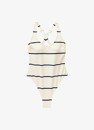 Costum de baie alb, dintr-o singură piesă, cu dungi orizontale bleumarin, având decolteu rotund și bretele încrucișate la spate. Confecționat dintr-un material texturat.