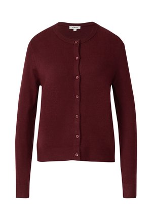 Cardigan bourgogne, en matériau tricot léger, manches longues, col rond, boutons roses, ourlet et poignets avec côtes, texture lisse, sans motifs.
