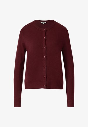 Burgundy cardigan, lightweight knit material, long sleeves, round neck, pink buttons, ribbed hem and cuffs, smooth texture, no patterns.